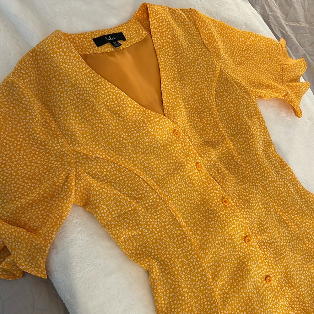 Lulu’s Castana Mustard Yellow Print Button-Up Dress